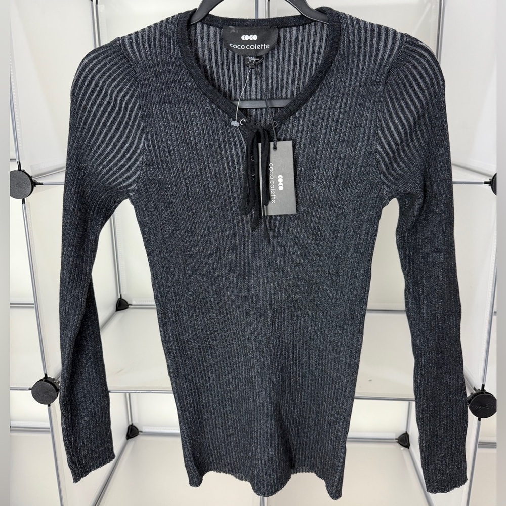 Coco Colette Womens Lace Up V-Neck Sweater Top Black/Grey Size S NWT